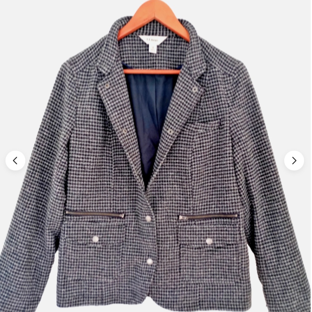 L.L. Bean Women's Houndstooth Blazer zip pockets wool blend size medium